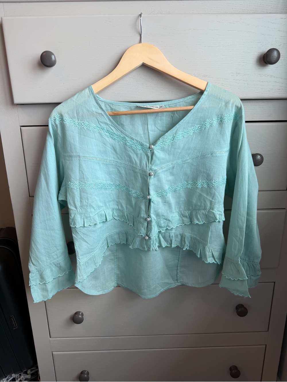Vintage Papillon Boho Sage Green Button-Front Ruffle Blouse - Picture 4 of 5